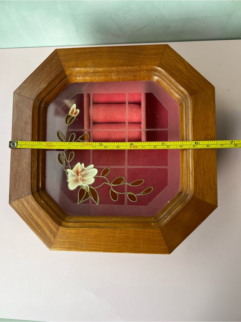Vintage Mele Octagonal Wooden Jewelry Box Stained Glass Floral Top 1980s - Picture 10 of 10